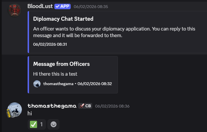 Direct message thread for a diplomacy ticket with officer replies.