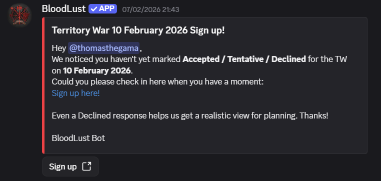 Direct message reminder prompting a member to respond to TW signup.