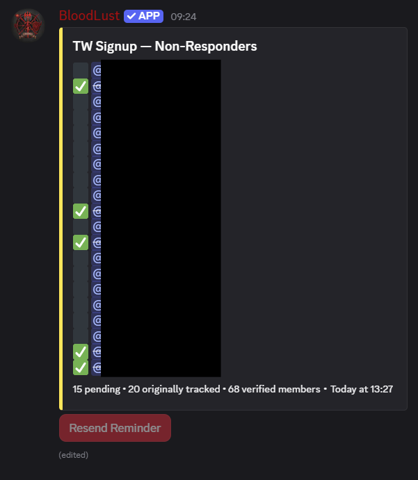 TW signup non-responder tracking list with resend reminder button.